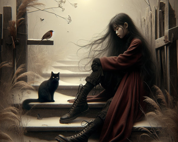 Young woman in dark coat seated on snowy stairs