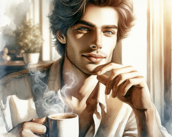 Young man with green eyes holding coffee in warm light