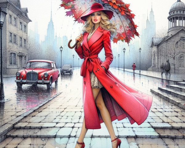 Fashionable Woman with Red Umbrella on Rainy Street