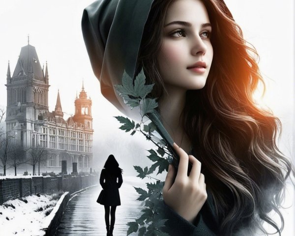 Young woman in cloak with castle backdrop and mist