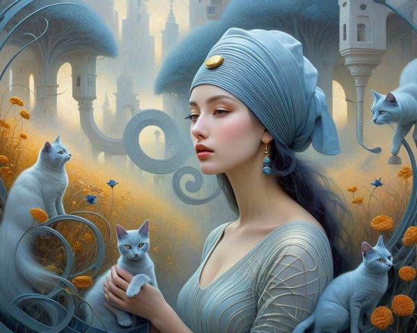 Fairytale Digital Painting of Woman with Blue Cats