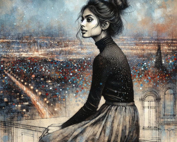 Young woman on ledge overlooking vibrant cityscape