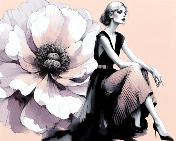 Elegant Woman in Flowing Gown with Floral Background