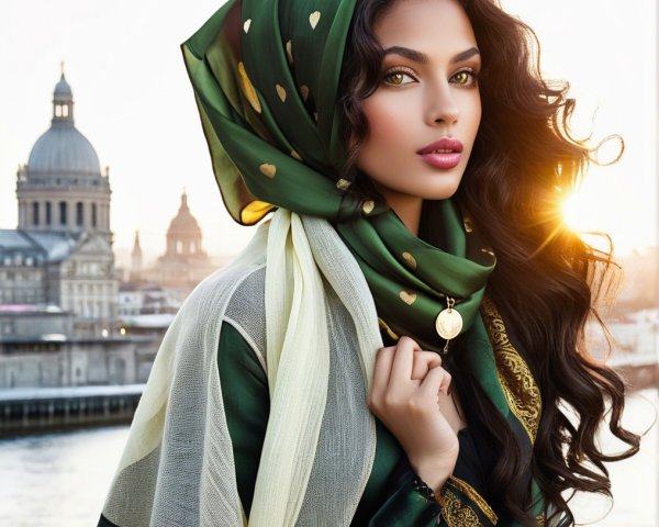 Woman in Elegant Outfit Against Sunset City Skyline