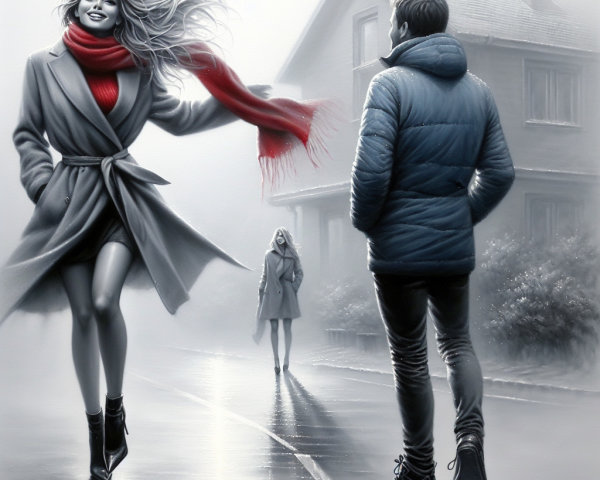 Misty Street Scene with Stylish Figures in Fog