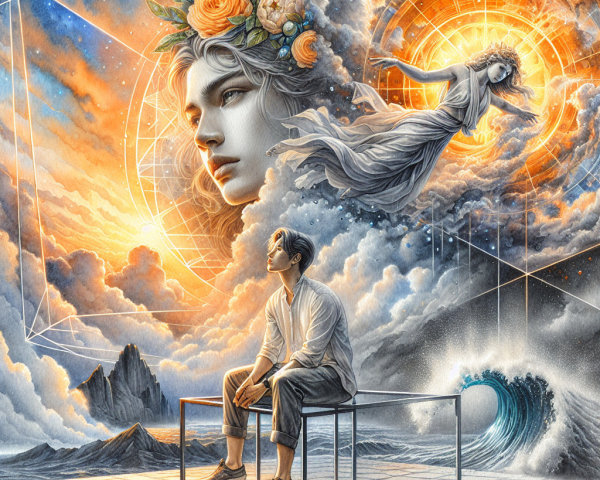 Contemplative Man in Surreal Celestial Landscape