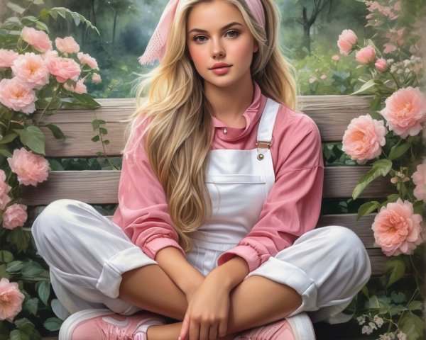 Young Woman in Pink Outfit Surrounded by Roses