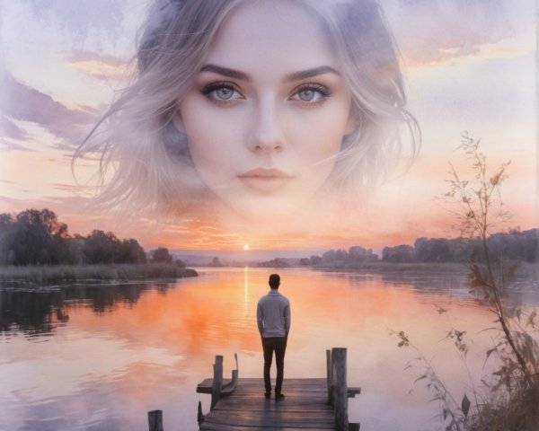 Lakeside Sunset with Reflective Sky and Figure