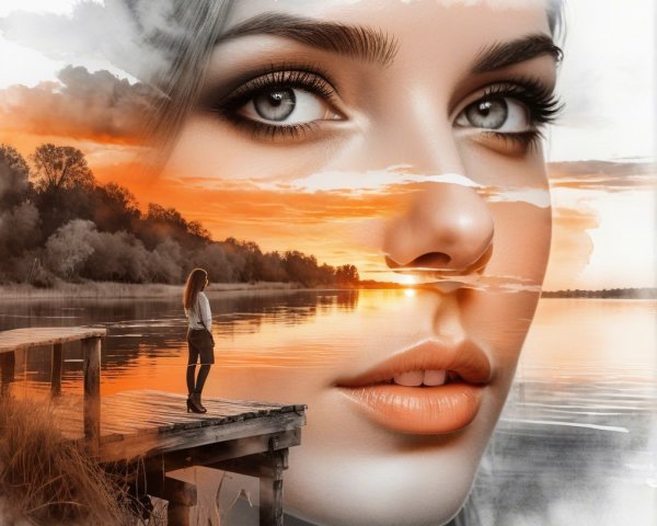 Serene Sunset Landscape with Woman's Face Reflection