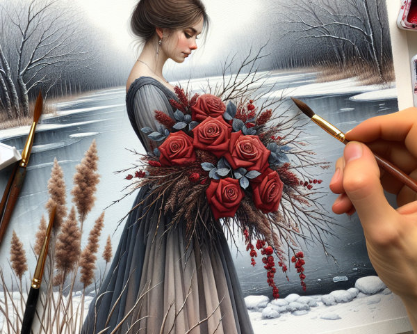 Winter Scene with Young Woman and Red Roses by Lake