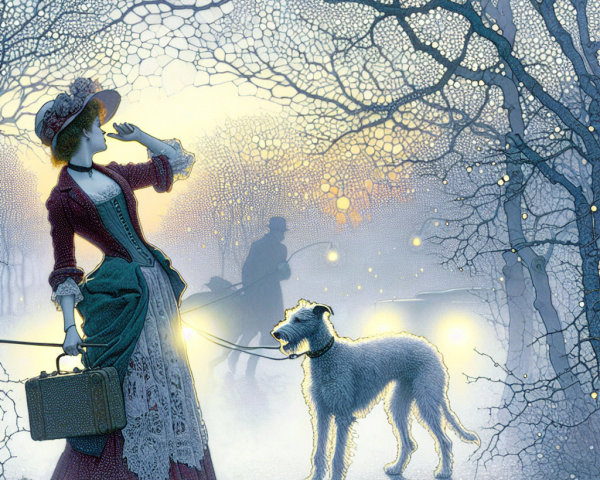 Vintage Dress in Misty Landscape with Dog and Carriage