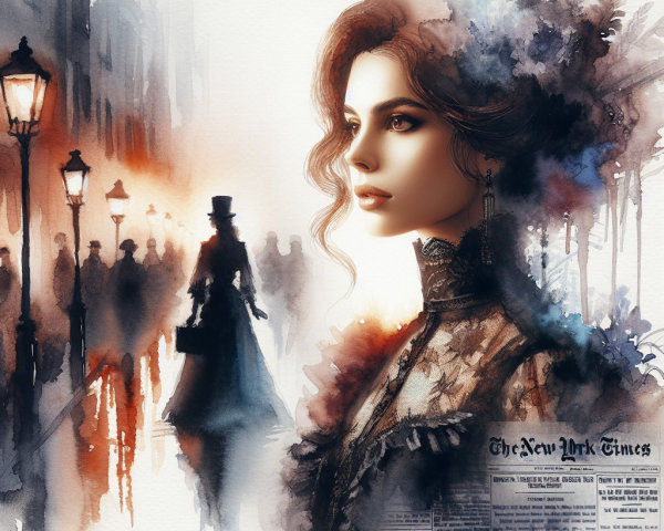 Elegant Woman in Watercolor Scene with Vintage Elements