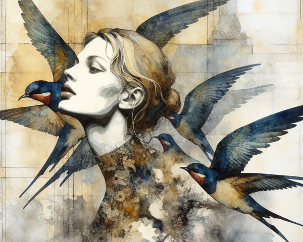 Graceful Woman Surrounded by Swirling Birds in Flight
