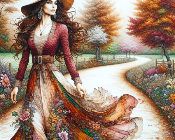 Stylish Woman on Autumn Path with Vibrant Trees
