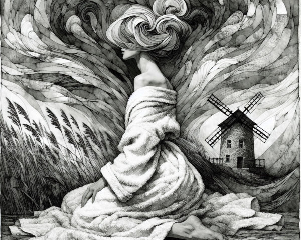 Woman in flowing robe with swirling hair and windmill