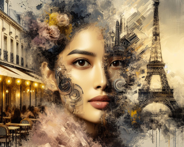 Portrait of a woman blended with Parisian elements