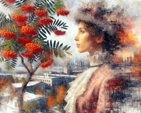 Elegant woman in vintage outfit with city skyline backdrop