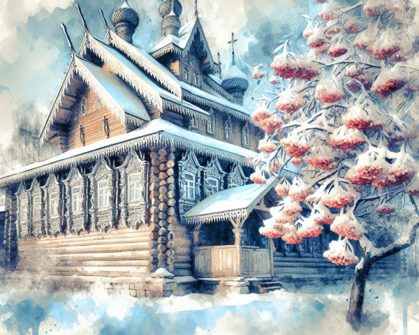 Wooden church in snowy landscape with vibrant berries