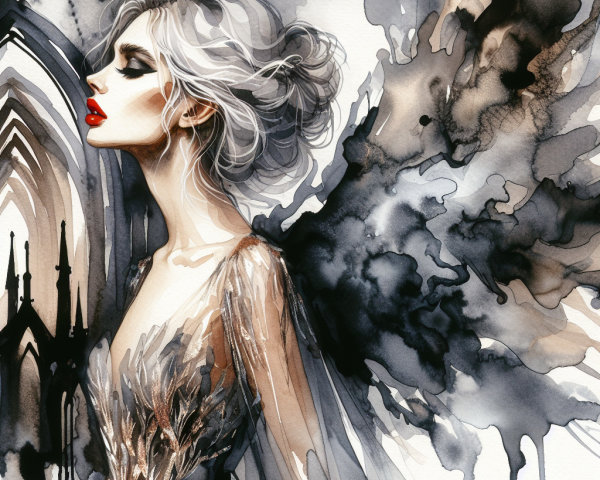 Ethereal figure in intricate dress with gothic backdrop