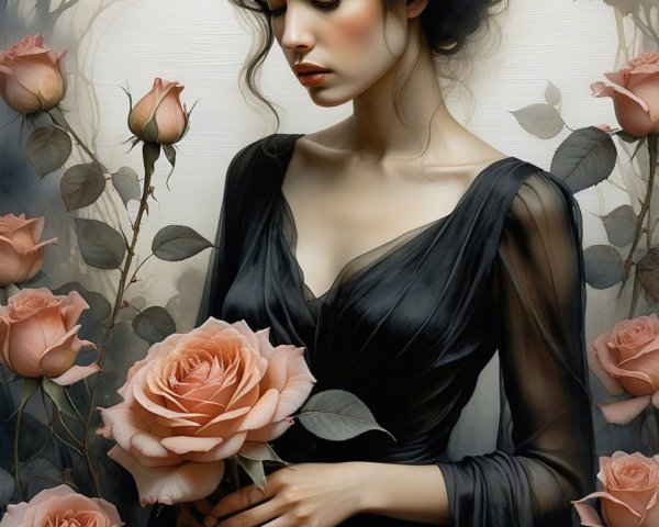 Young Woman in Black Gown Among Pink Roses