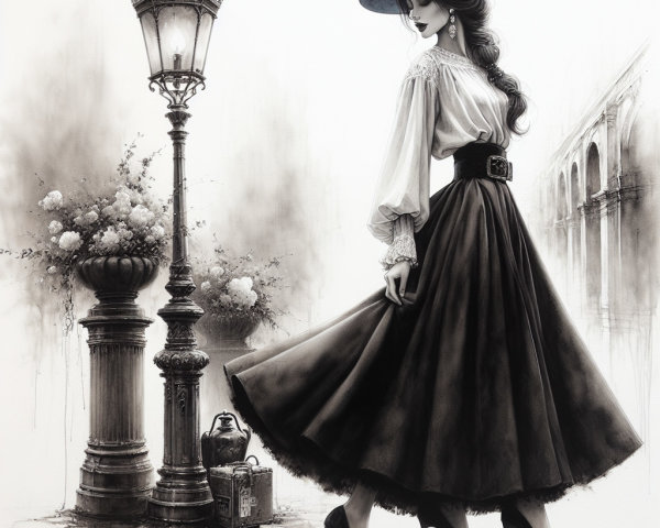 Elegant Vintage Woman by Classic Street Lamp Illustration