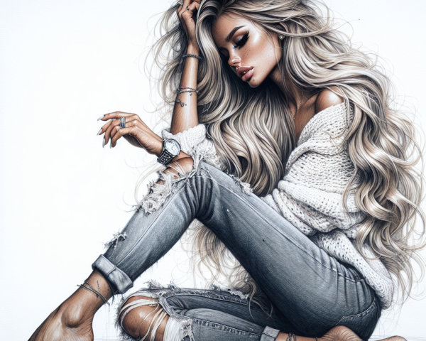 Stylish woman in cozy sweater and distressed jeans