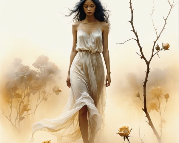 Serene figure in sheer gown amidst a hazy landscape