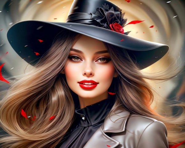 Elegant Woman in Black Hat Surrounded by Autumn Leaves