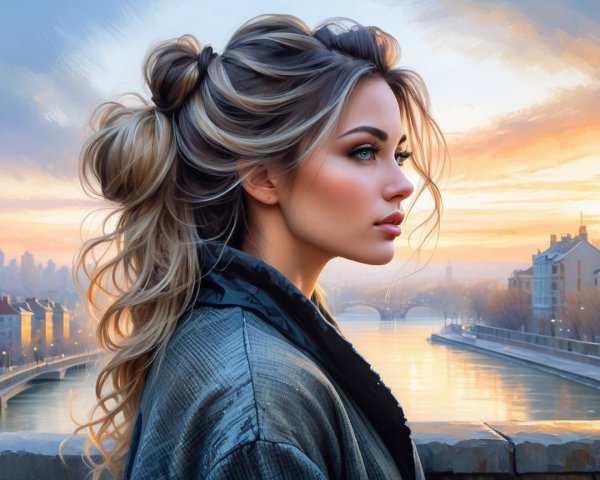 Young Woman by River at Sunset with City Skyline
