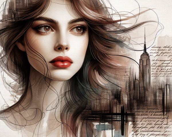 Portrait of a Woman Against a Stylized Cityscape