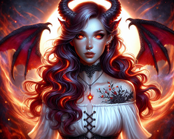 Fantasy Portrait of a Young Woman with Wings and Horns