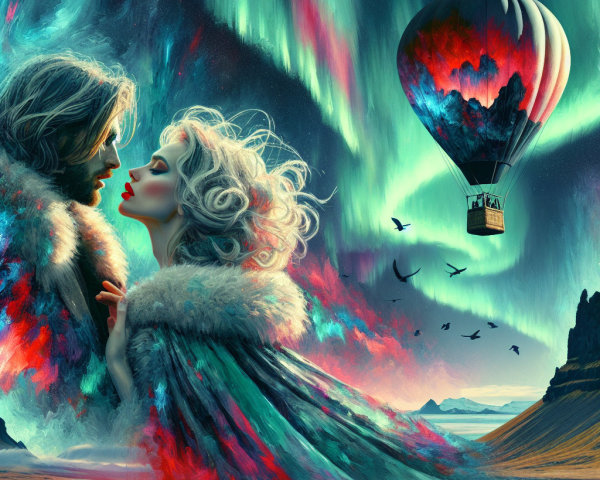 Couple in Dreamlike Landscape with Auroras and Balloon
