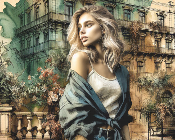 Young woman in casual outfit among greenery and flowers