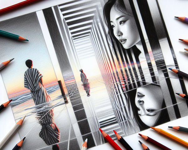 Colored Pencil Drawing of Waterscape and Portrait