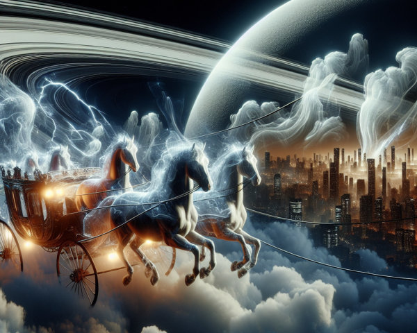 Whimsical Carriage with Spectral Horses in Futuristic City