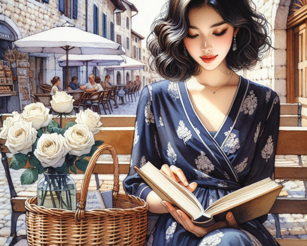 Young Woman Reading on Cobblestone Street Bench
