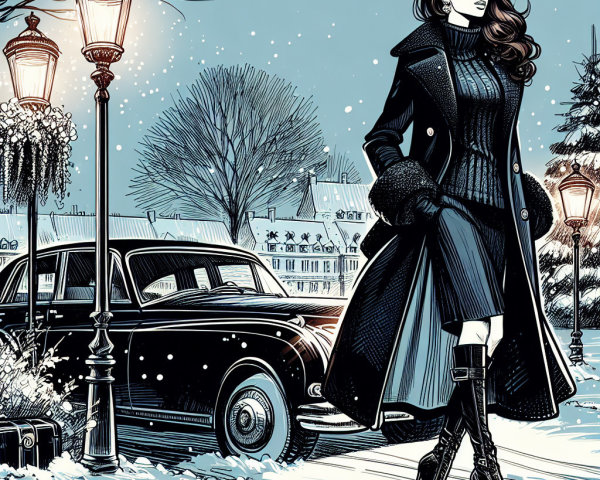 Winter Fashion Illustration of Woman by Classic Car