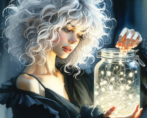 Young woman with curly hair gazing at glowing jar