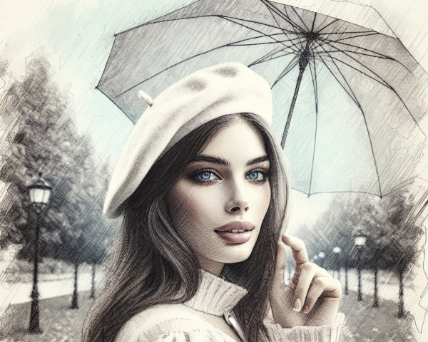 Stylish Woman with Umbrella in Serene Sketch Setting