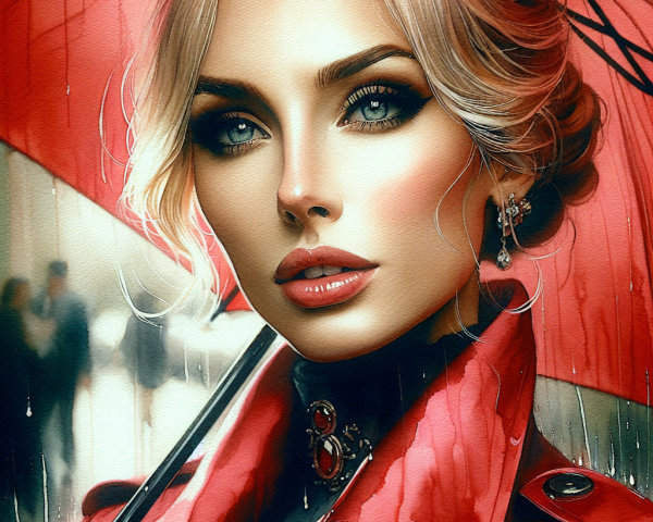 Portrait of a Woman with Red Umbrella in City Rain