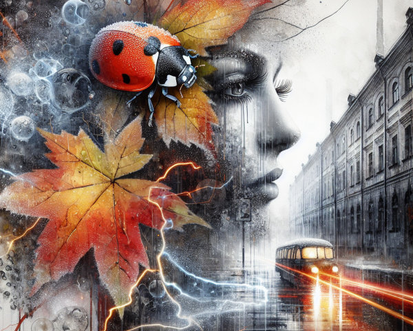 Realistic and Abstract Artwork of Woman with Autumn Leaves