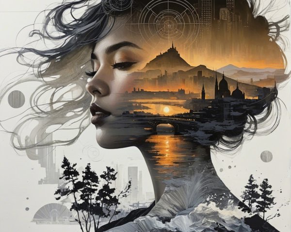 Serene Woman's Profile with Cityscape at Sunset