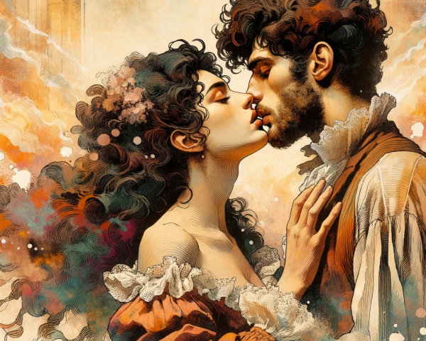 Romantic Illustration of a Couple Sharing a Kiss