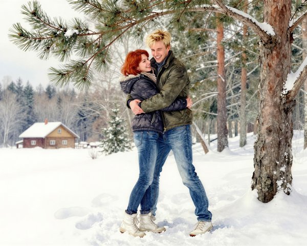 Young couple in snowy field by wooden house and trees