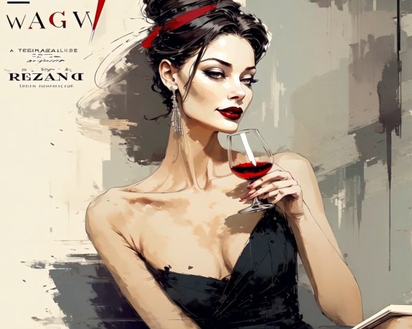 Elegant Woman in Black Dress with Red Wine