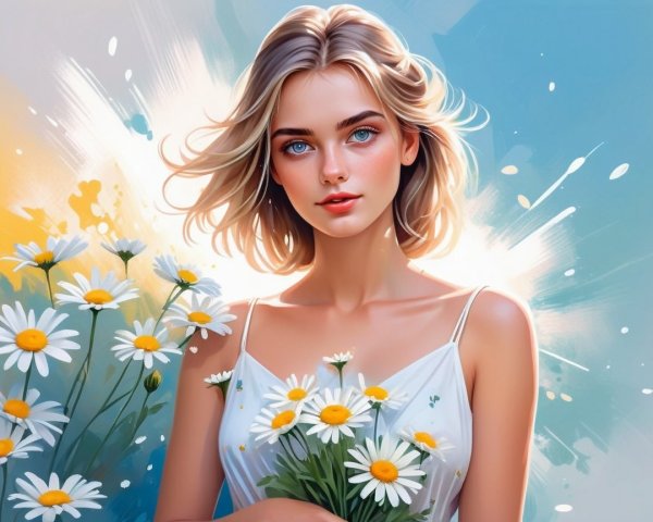 Young woman in white dress with daisies in soft colors