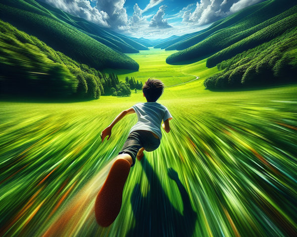 Young boy running in a vibrant green valley landscape