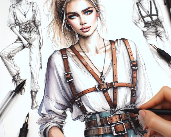 Fashion Illustration of Young Woman in Chic Outfit