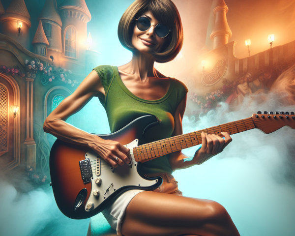 Chic Woman Playing Electric Guitar in Whimsical Setting