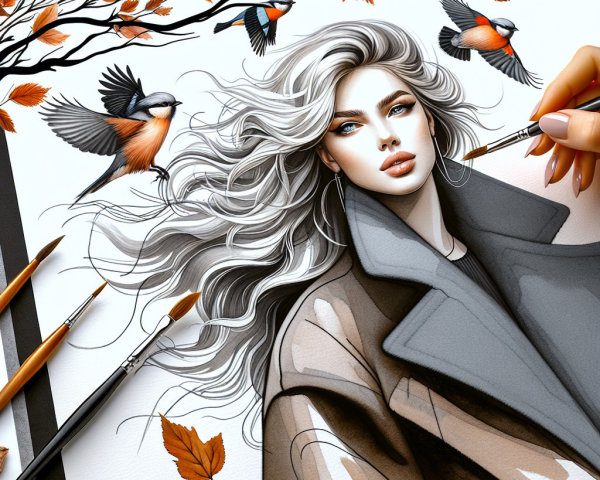 Illustration of a Woman in Autumn Setting with Art Tools